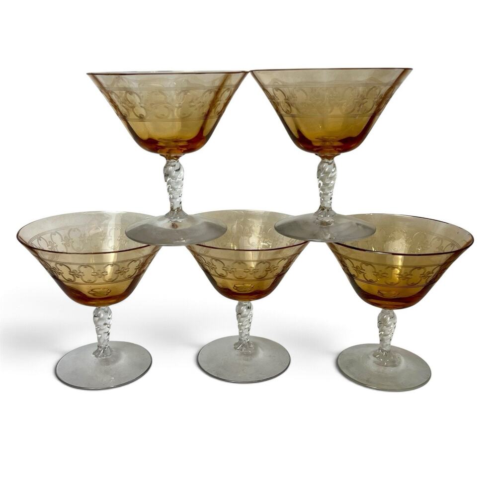 5 Antique Fostoria Spartan Amber Coupe Champagne Glasses Dessert Sherbet Barware
